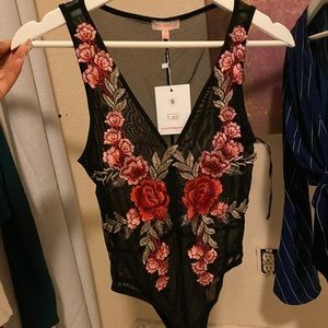 Red flower black bodysuit